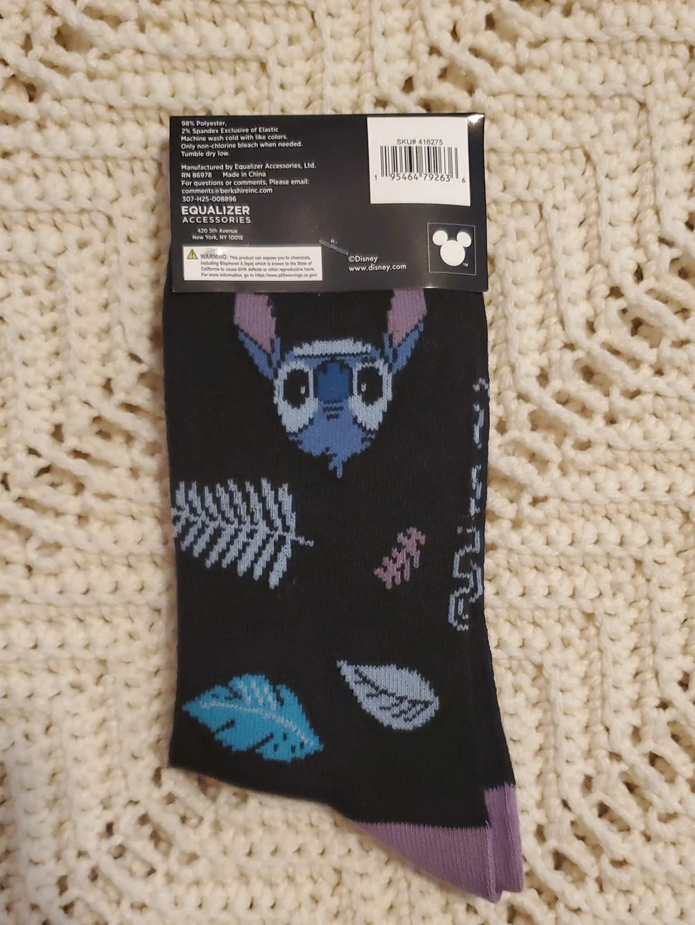 Disney Lilo & Stitch Black Crew Socks with Blue, Purple & Pink Design NEW
